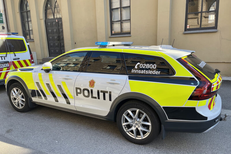 Norwegian POLITI police car parked in Tønsberg, Norway — used for roadside alcohol enforcement