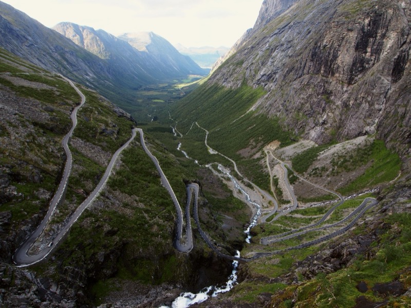 Trollstigen mountain road in Norway showing steep hairpin bends